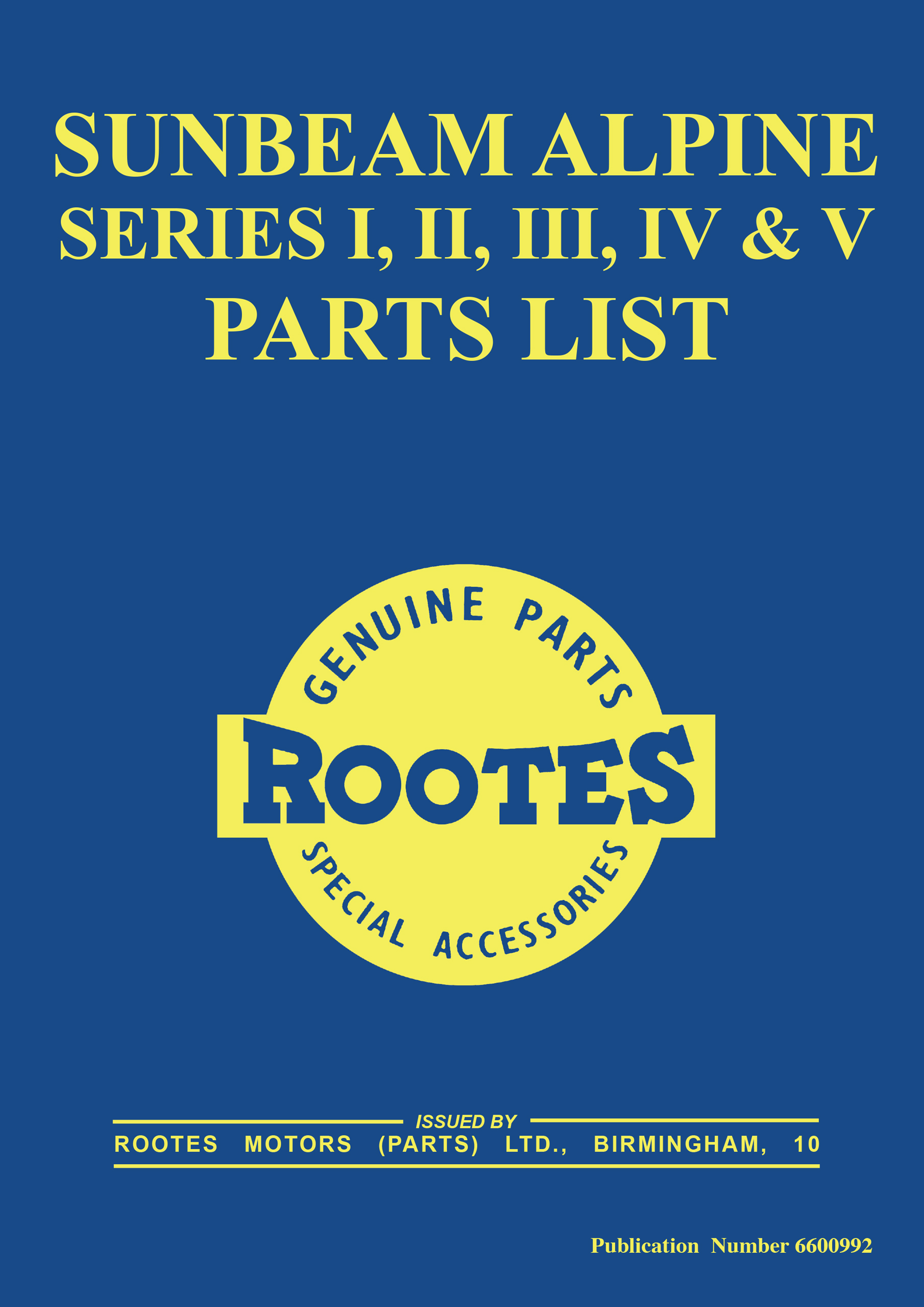 Sunbeam Alpine <br>Series I-V <br> Parts List